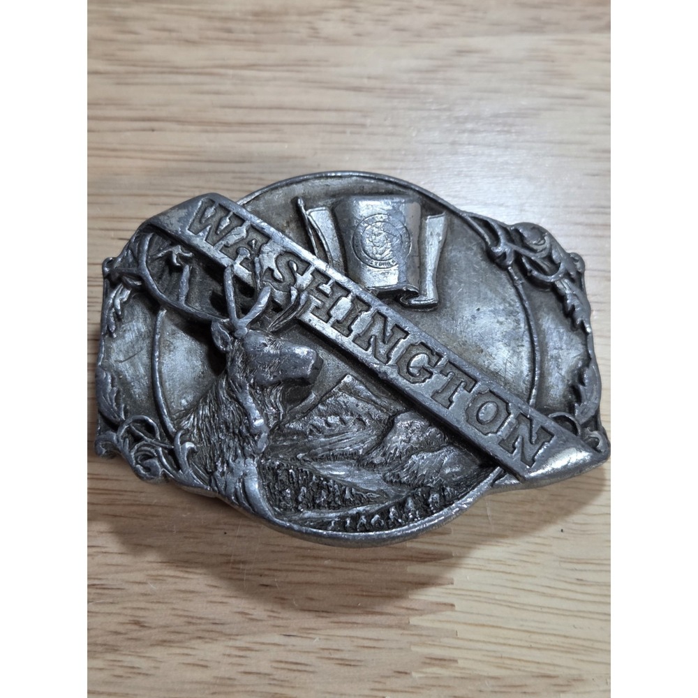 Vintage 1983 Siskiyou Washington State Belt Buckle Elk Pewter E-35 USA